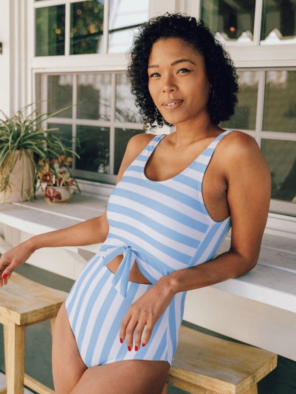 Lime Ricki Peri Striped Knotted One-Piece Swimsuit 2XL Blue White Cutout Lined